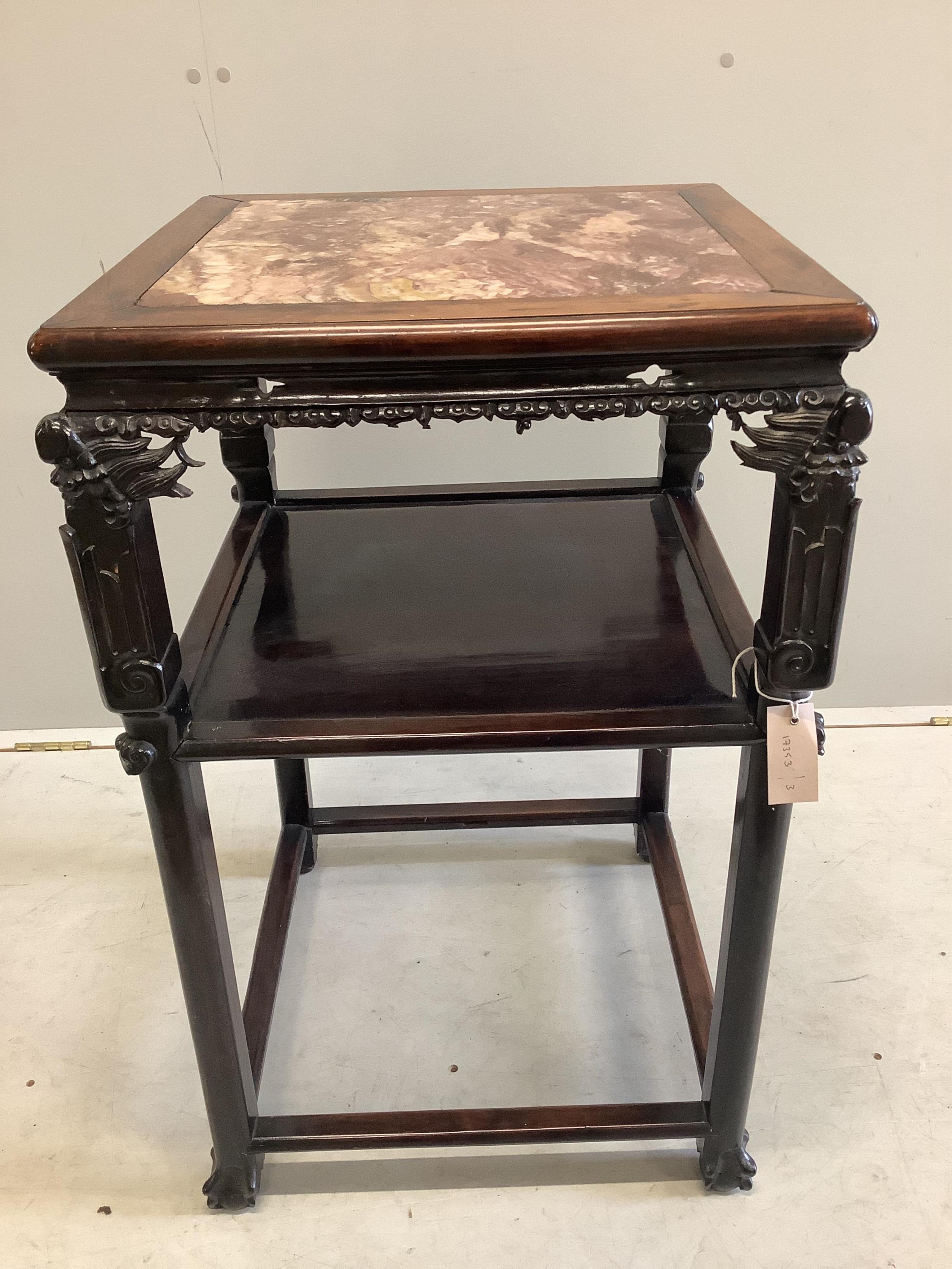 A Chinese hardwood two tier vase stand with inset marble top, width 49cm, depth 48cm, height 82cm. Condition - fair